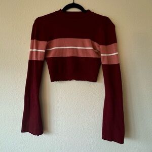 GENTLY WORN | SHEIN | 70’s CROP SWEATER | BURGUNDY PINK STRIPE | RIBBED | SMALL